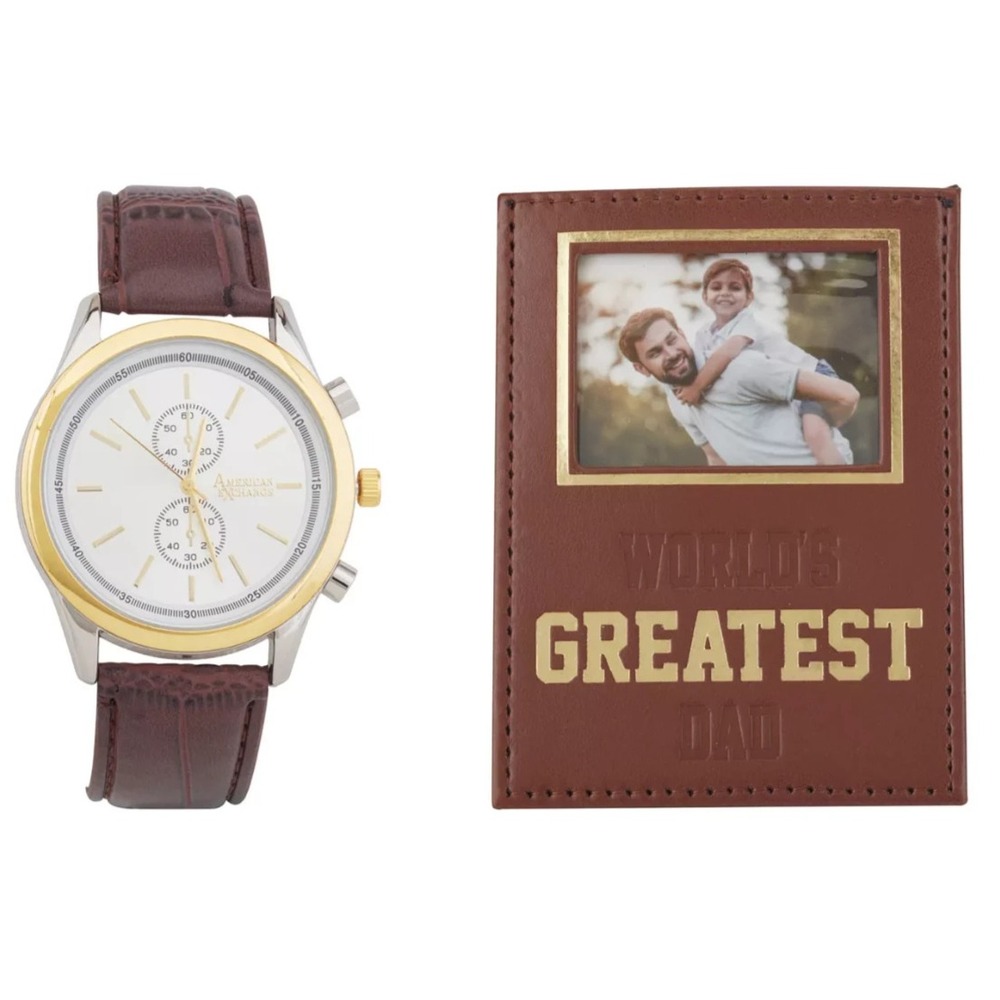 American Exchange Mens Two-Tone Analog Watch & Dad Photo Frame Set 9980S-42-B16